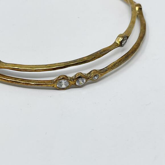 Set of 2 Gold Tone Bangle Bracelets Rhinestone Gems Patina Look Costume Fashion - Picture 4 of 8